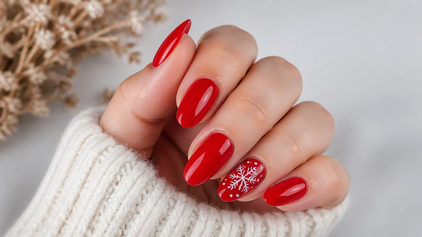 Glossy true-red almond December nails with a high-shine gel finish