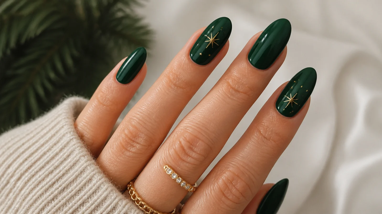 Deep emerald green almond December nails with glossy finish
