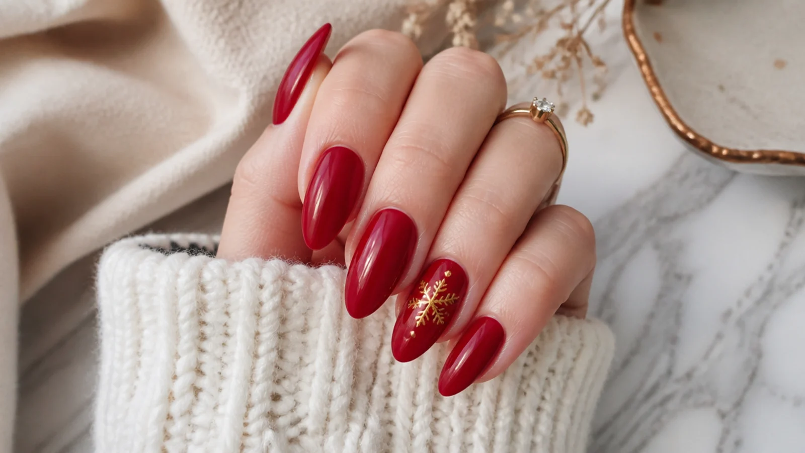 Red almond December nails with a single gold snowflake accent nail
