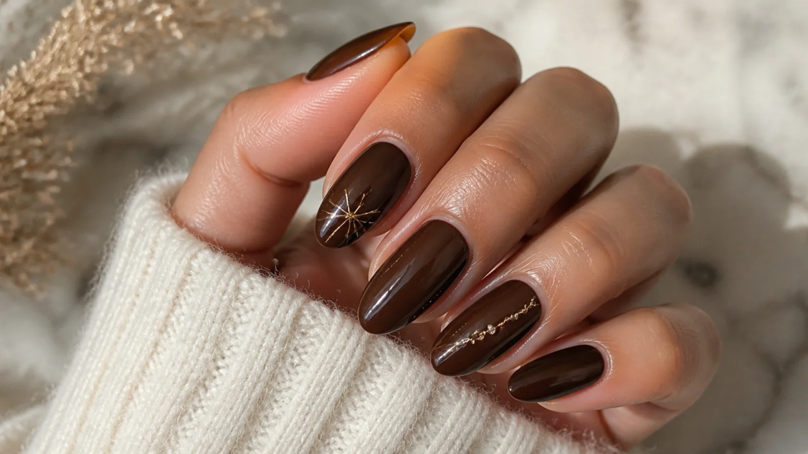 Rich chocolate brown almond December nails with glossy finish