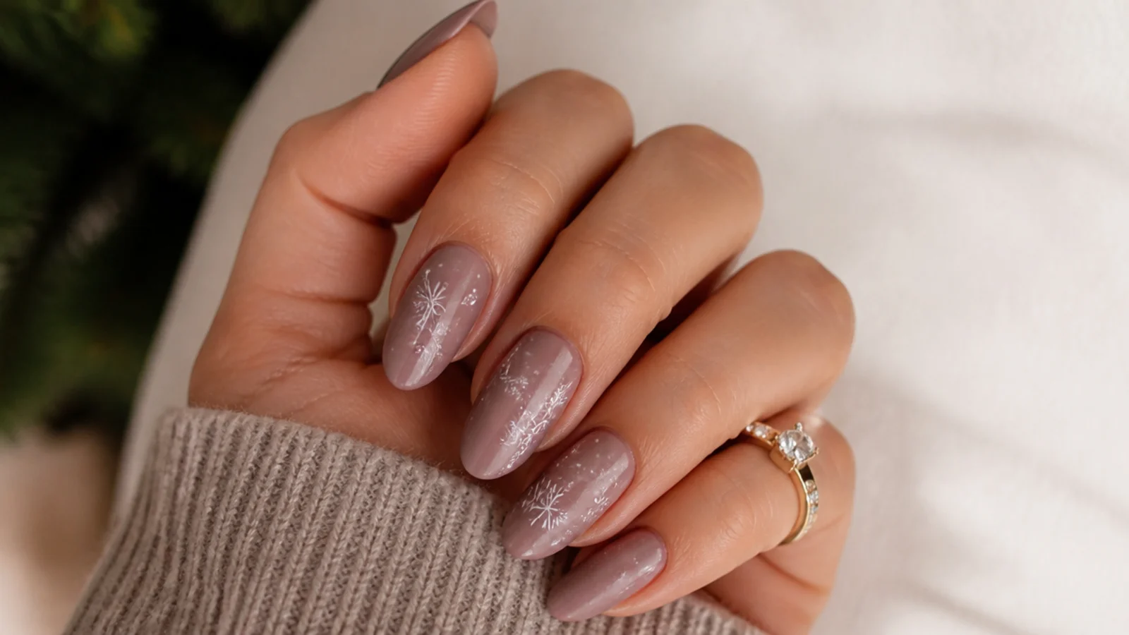 Dusty mauve almond December nails with a soft satin finish