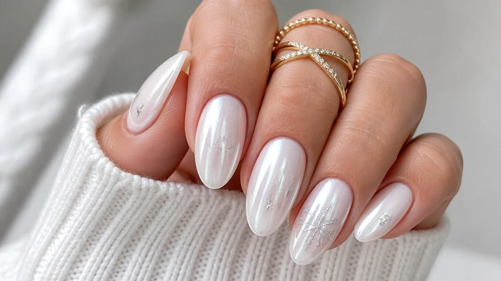 Milky white almond December nails with a pearly glazed chrome sheen