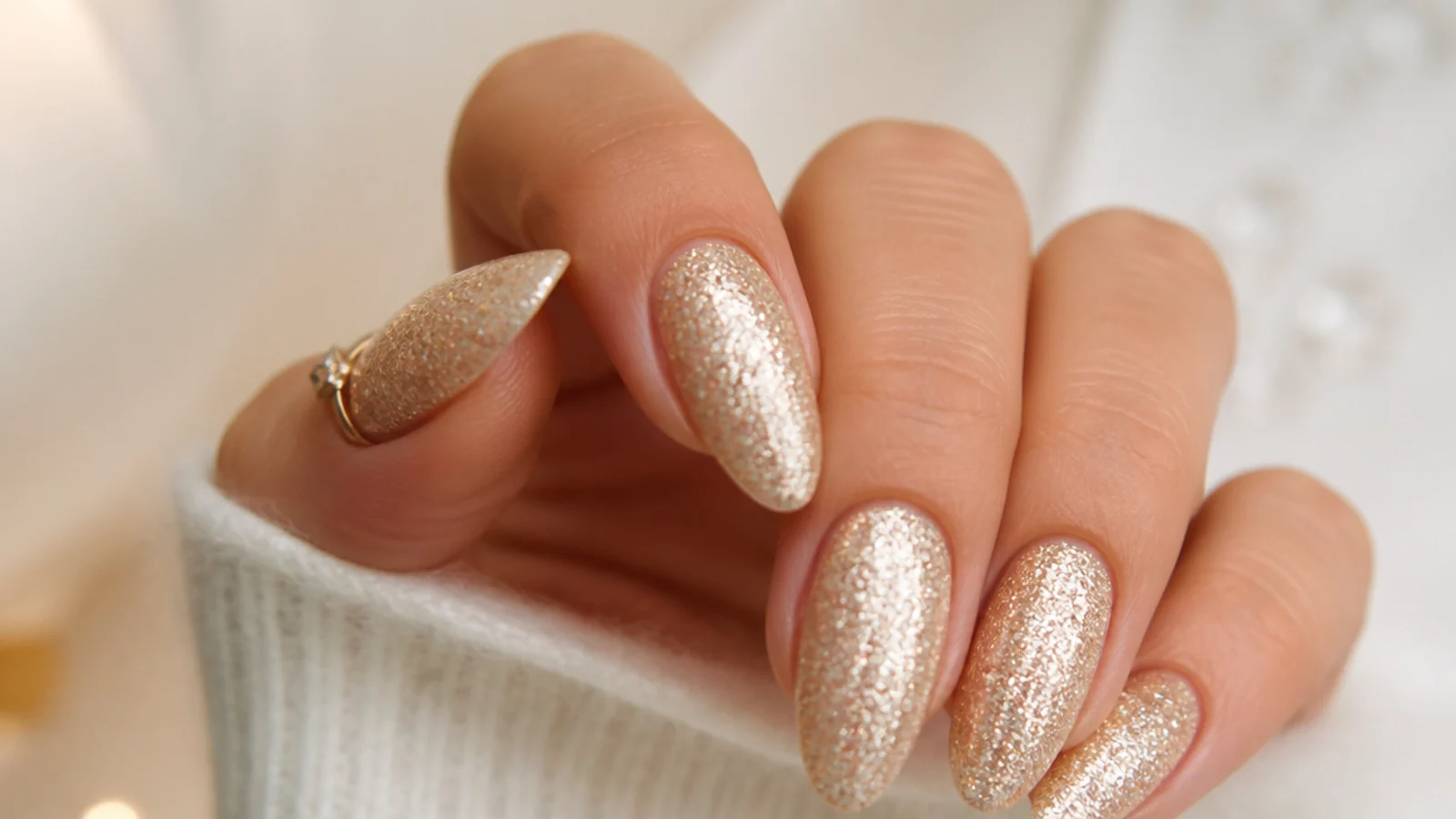 Champagne gold glitter almond December nails with a full sparkle finish