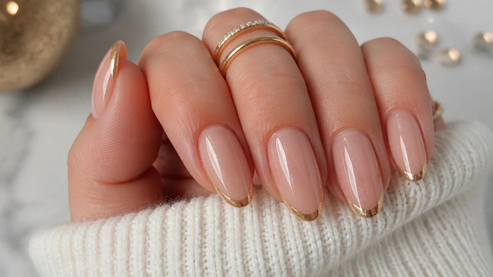 Nude almond December nails with metallic gold French tips for New Year