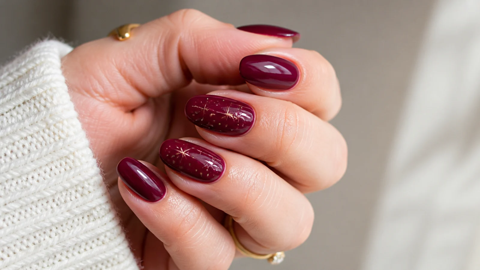 Short almond December nails in deep cranberry with a glossy finish