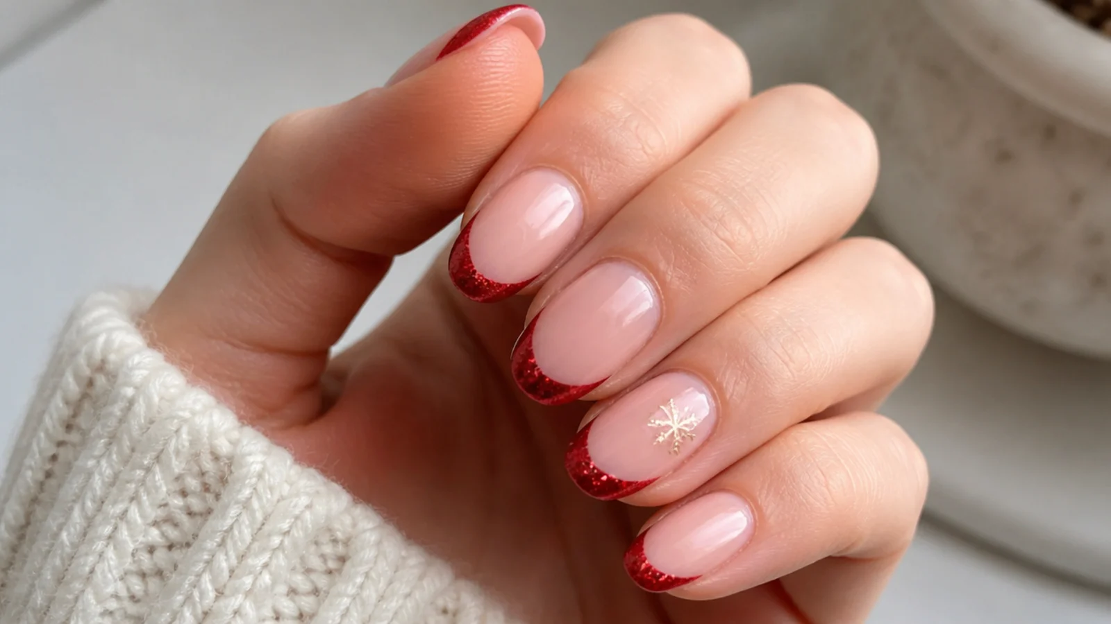 Short nude almond December nails with festive red French tips