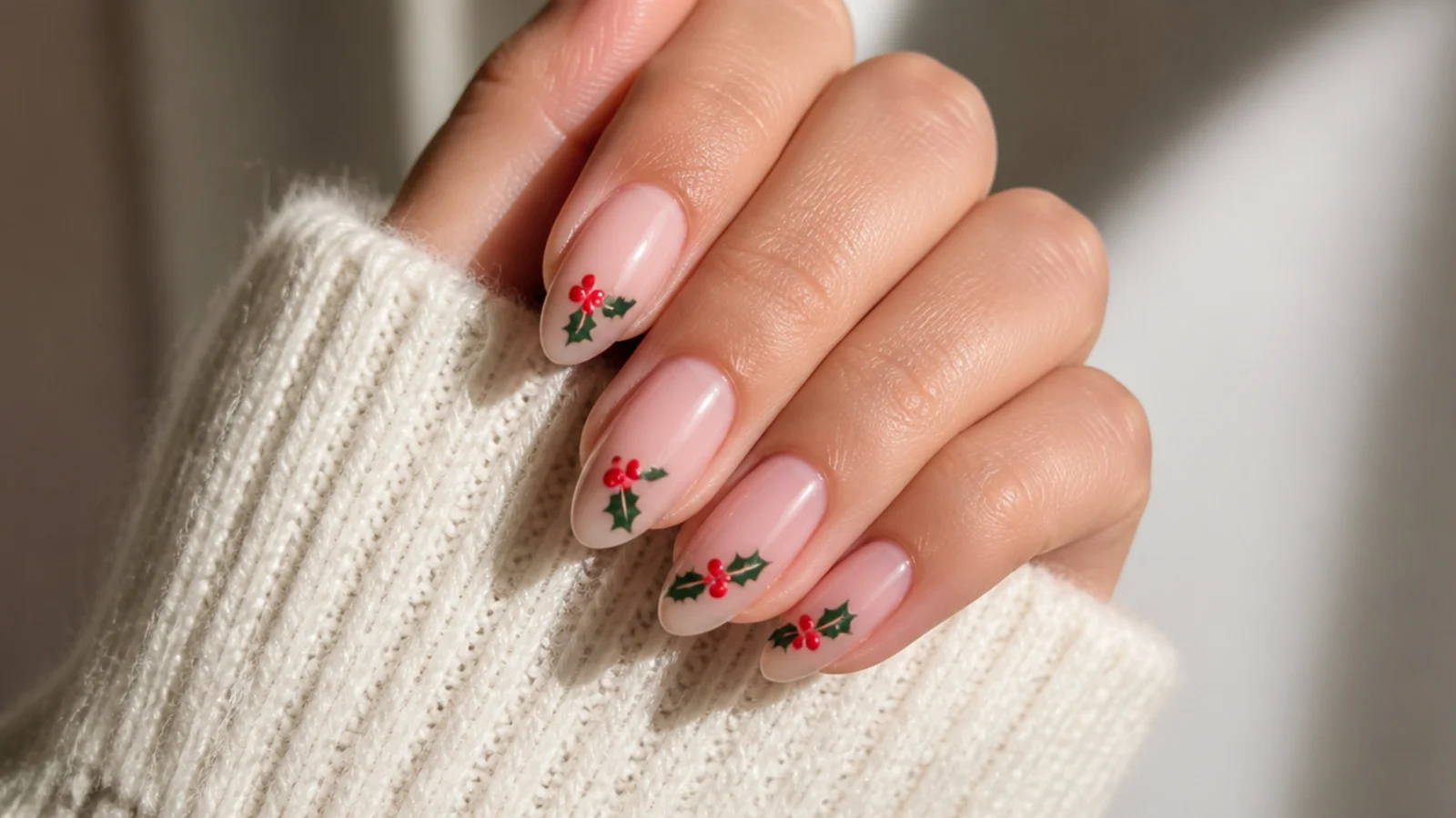 Nude almond December nails with red berry dots and green holly leaves