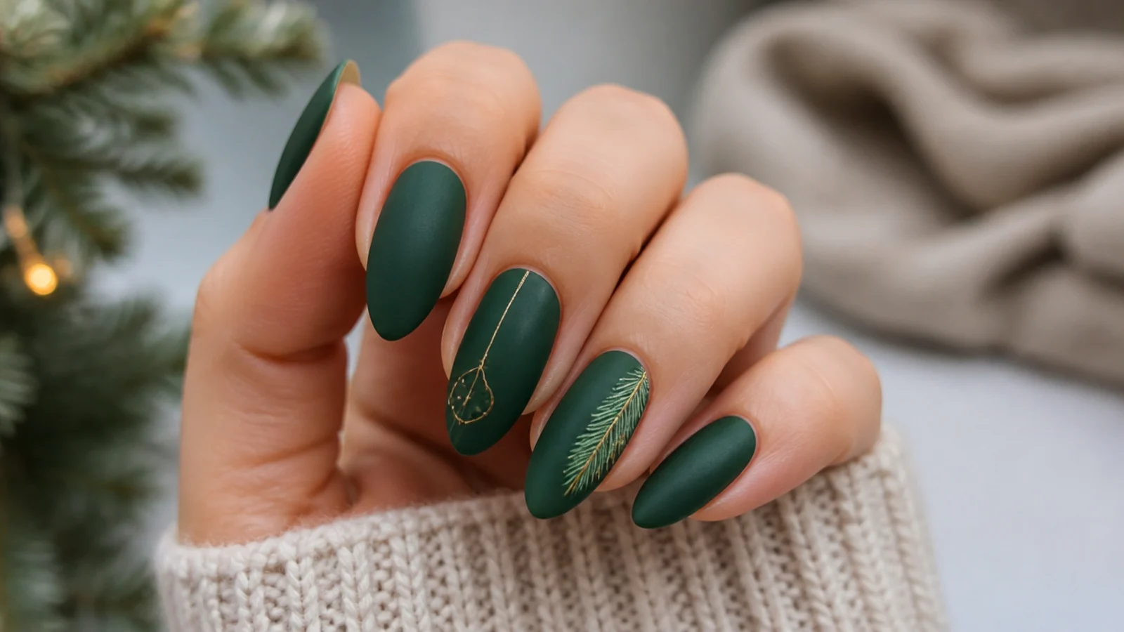 Deep forest green almond December nails with a soft matte finish
