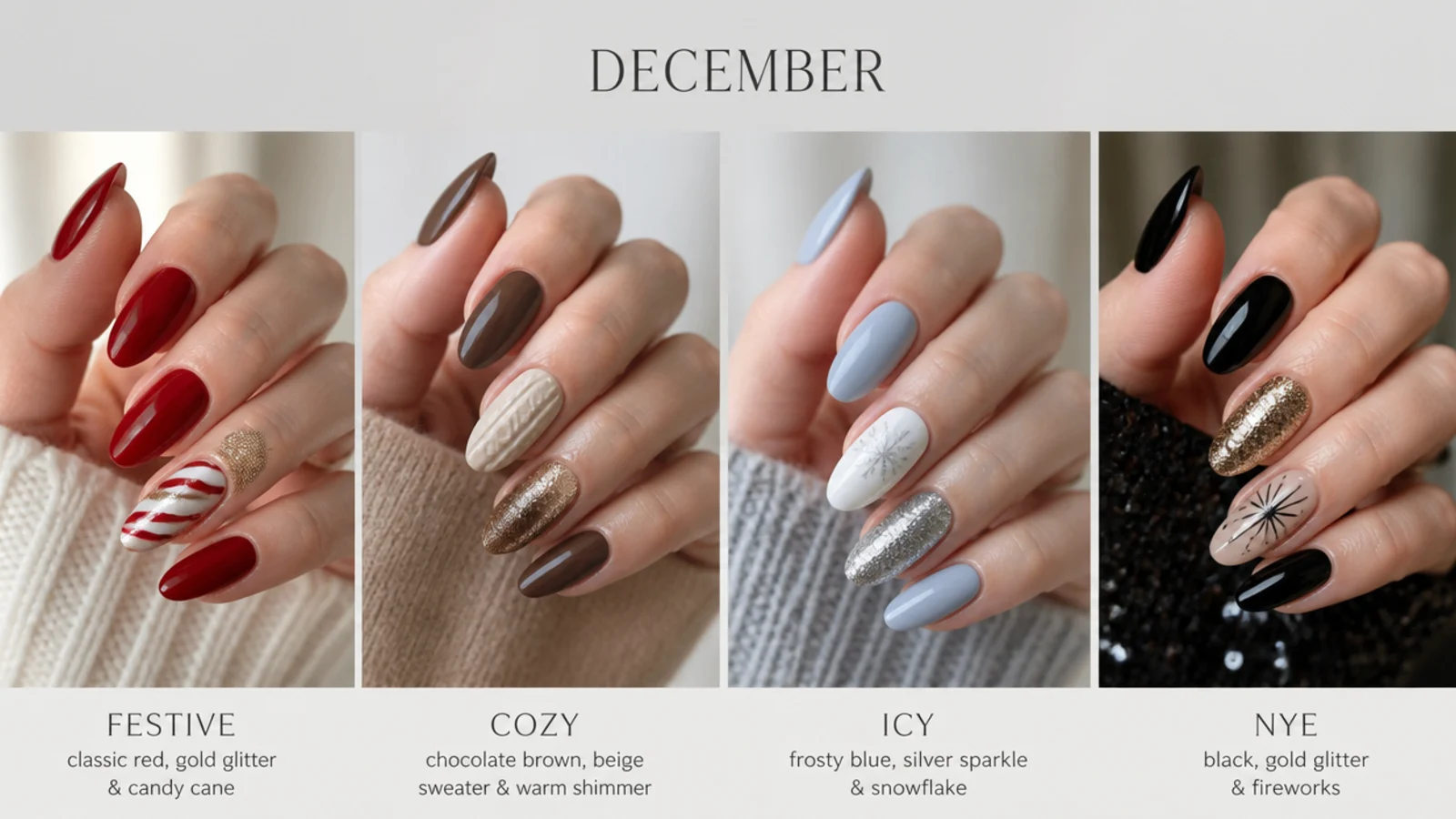 Almond December nail swatches grouped by festive, cozy, icy and NYE moods