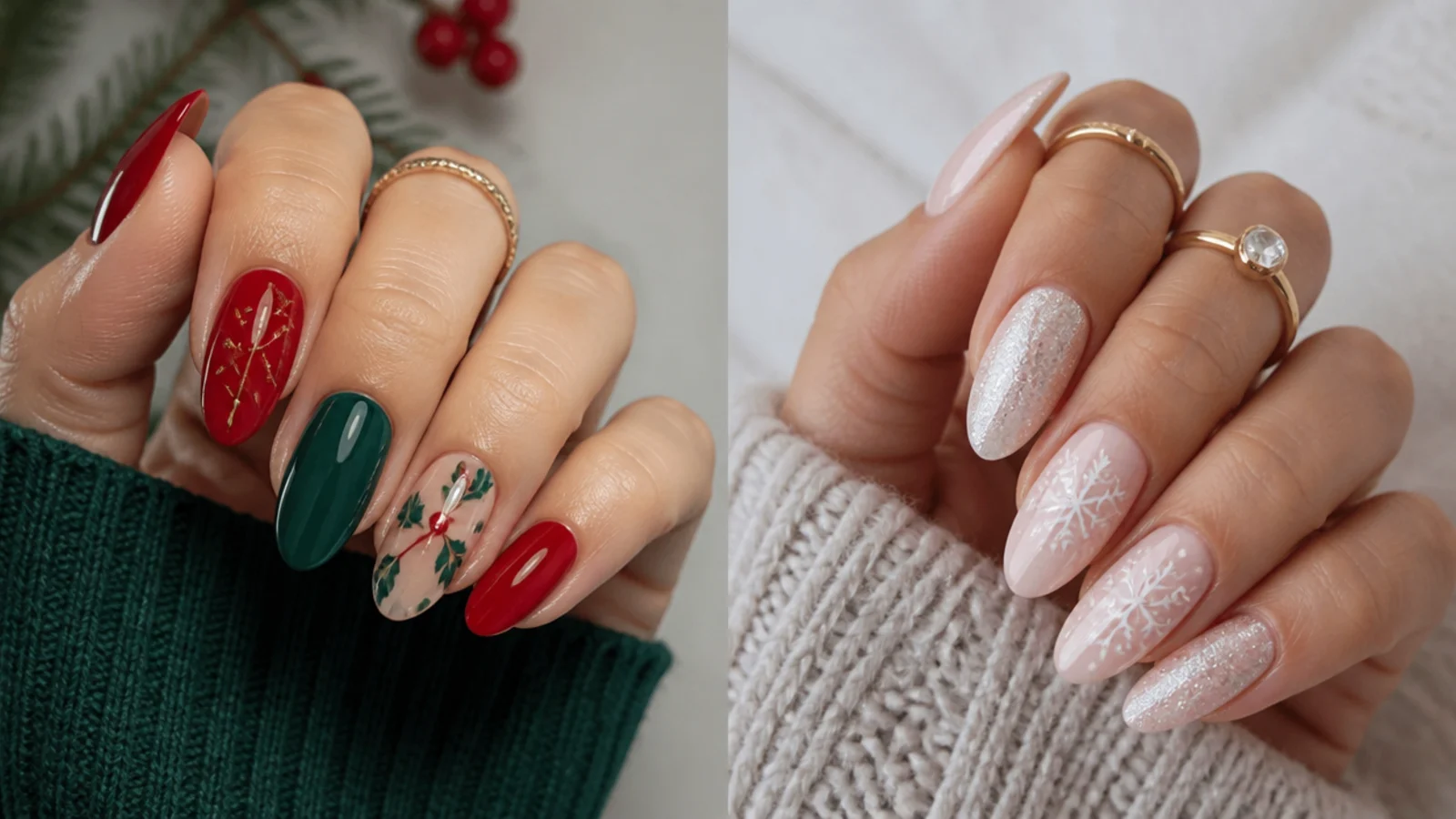 Almond nails split between festive red-green and icy neutral December looks