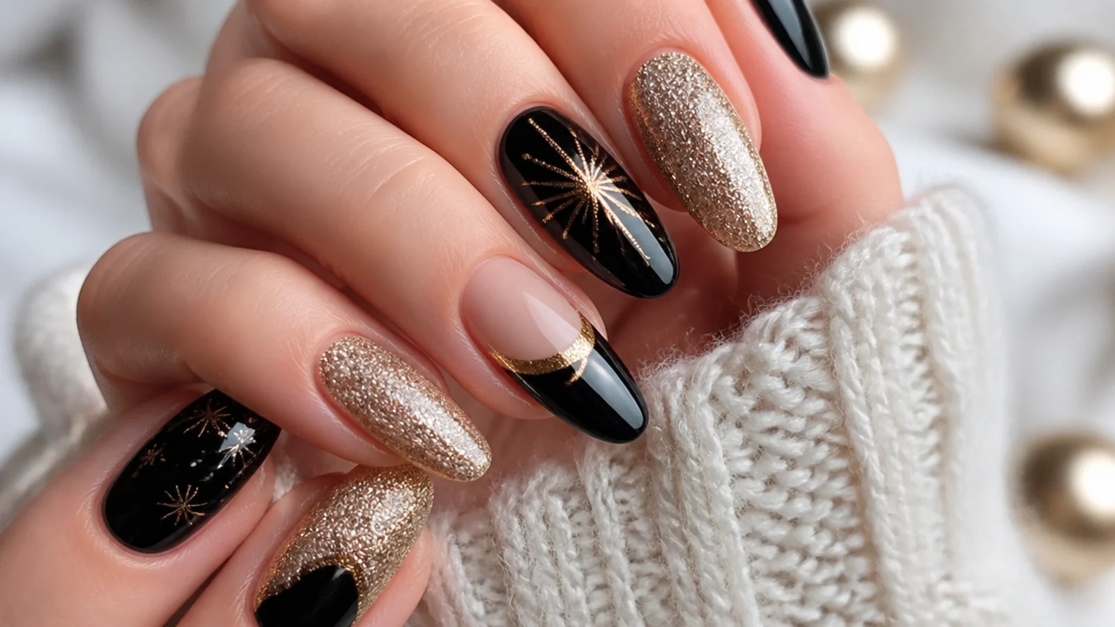 Champagne gold glitter and black-and-gold almond nails for New Year's Eve