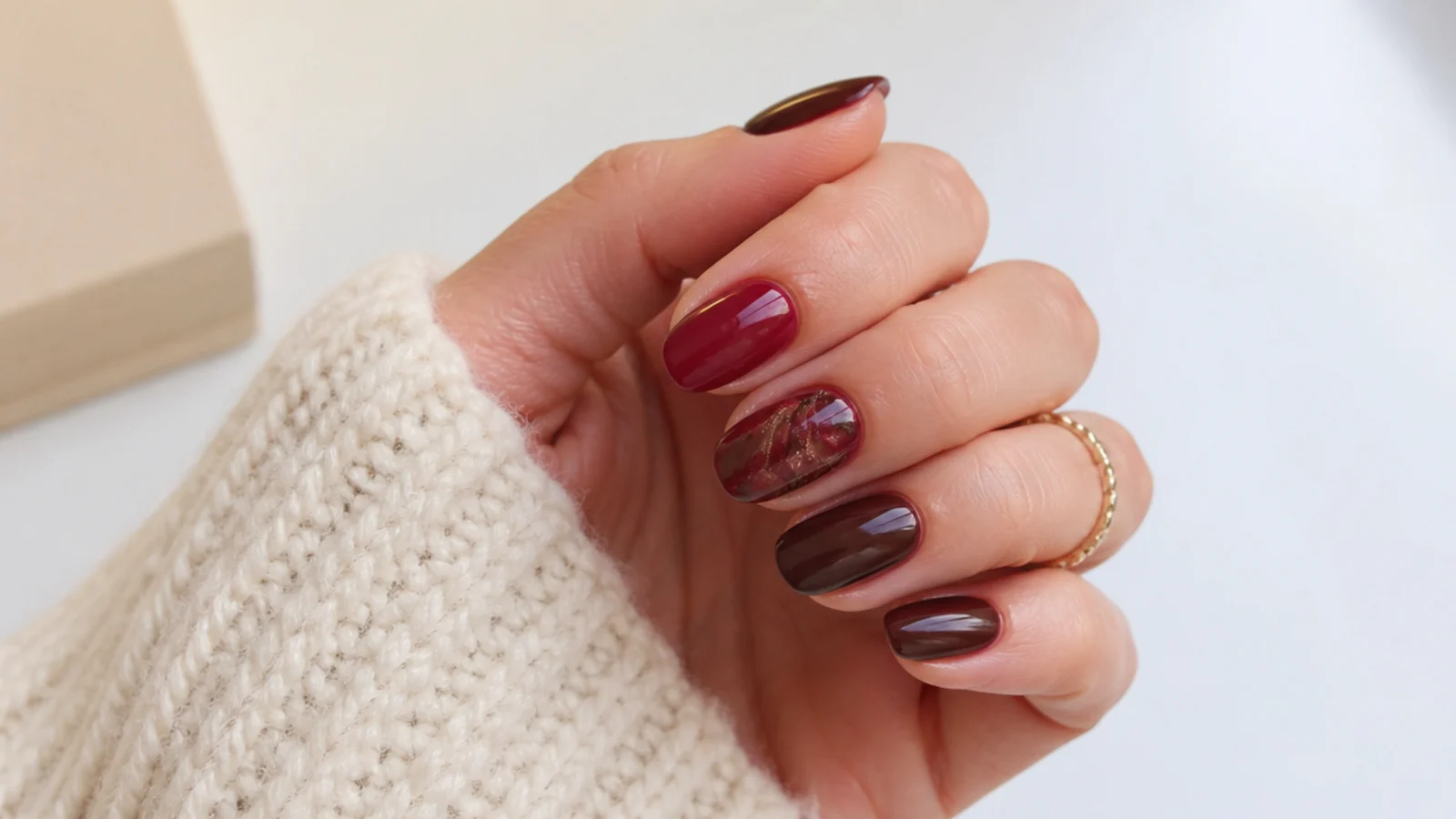 Short almond December nails in cranberry and chocolate, glossy finish
