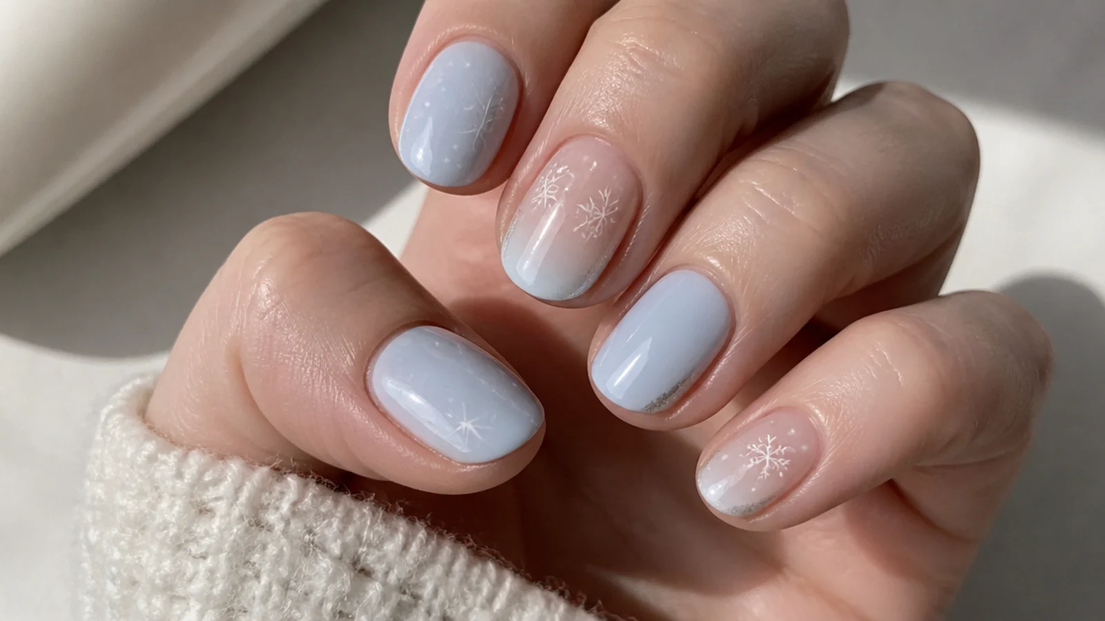 Soft milky powder blue December nails on short round nails
