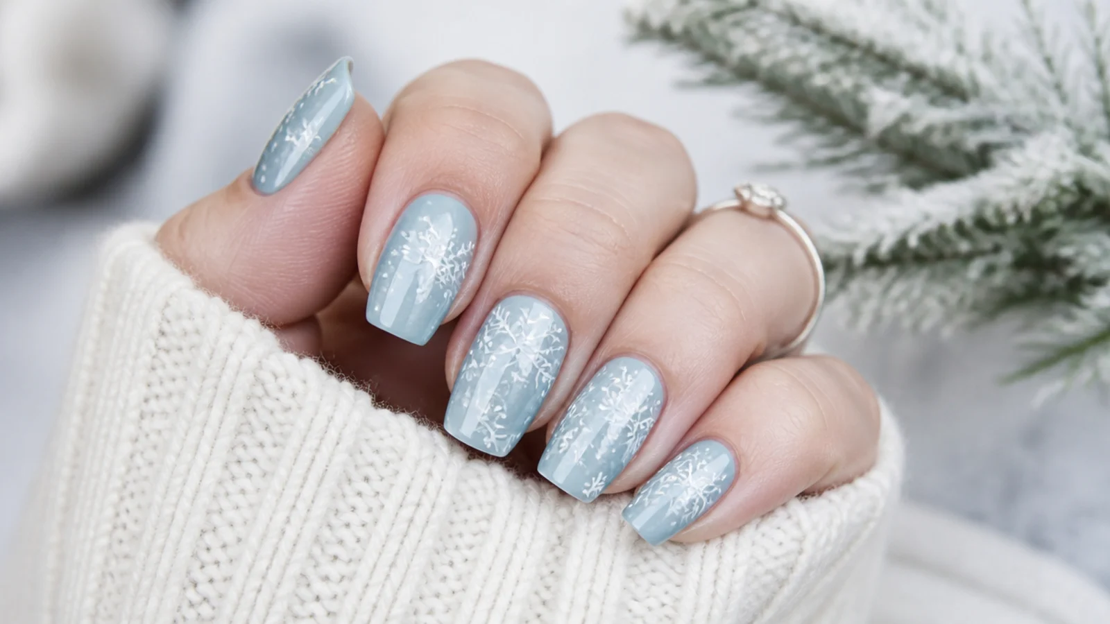 White hand-drawn snowflakes on a pale icy blue December nail