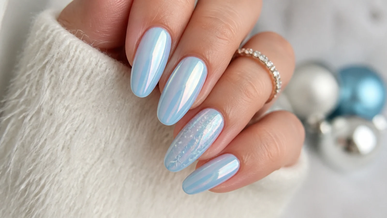 Pearly ice blue glazed donut chrome December nails