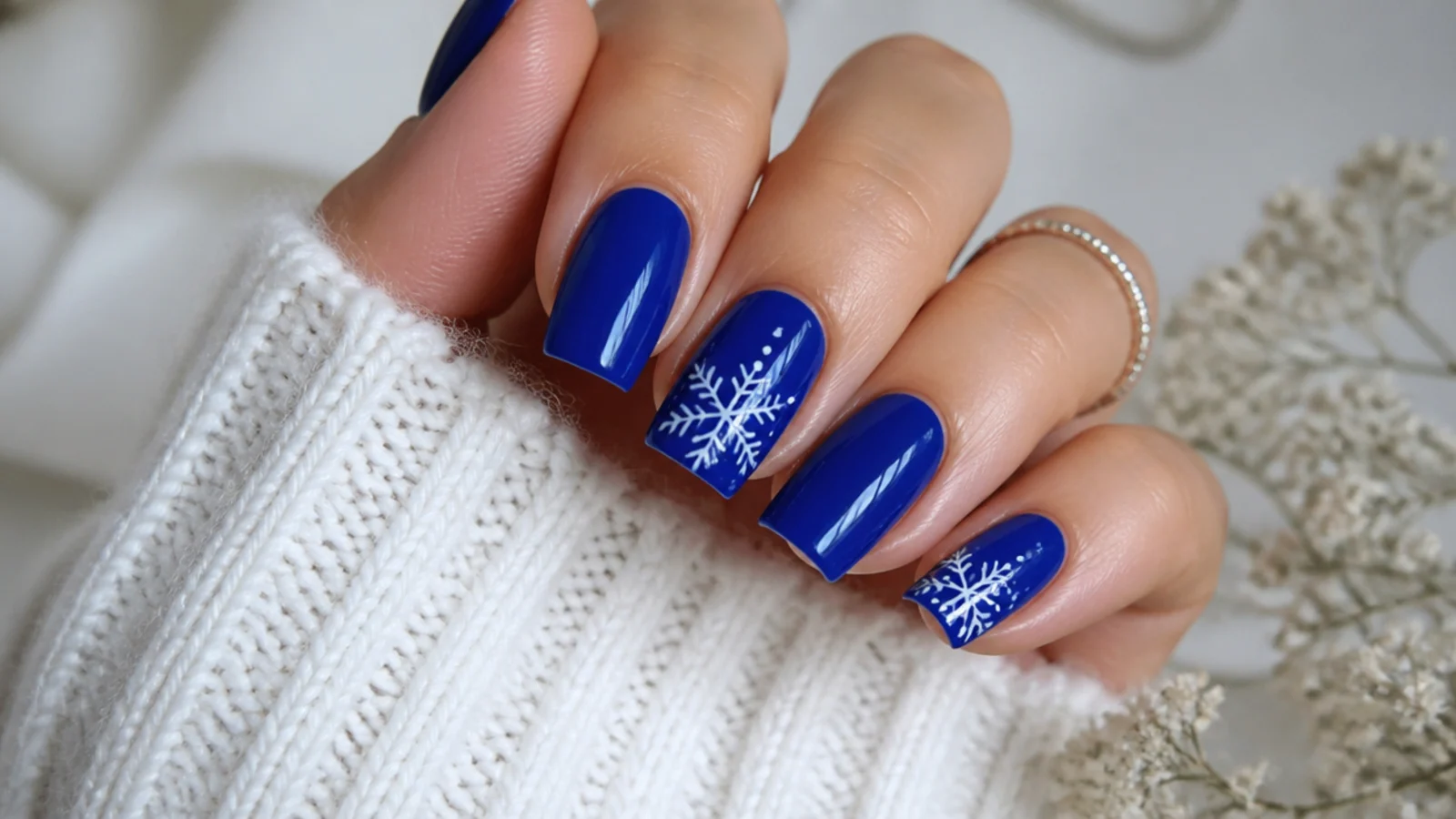 Bold glossy cobalt blue December nails on square nails