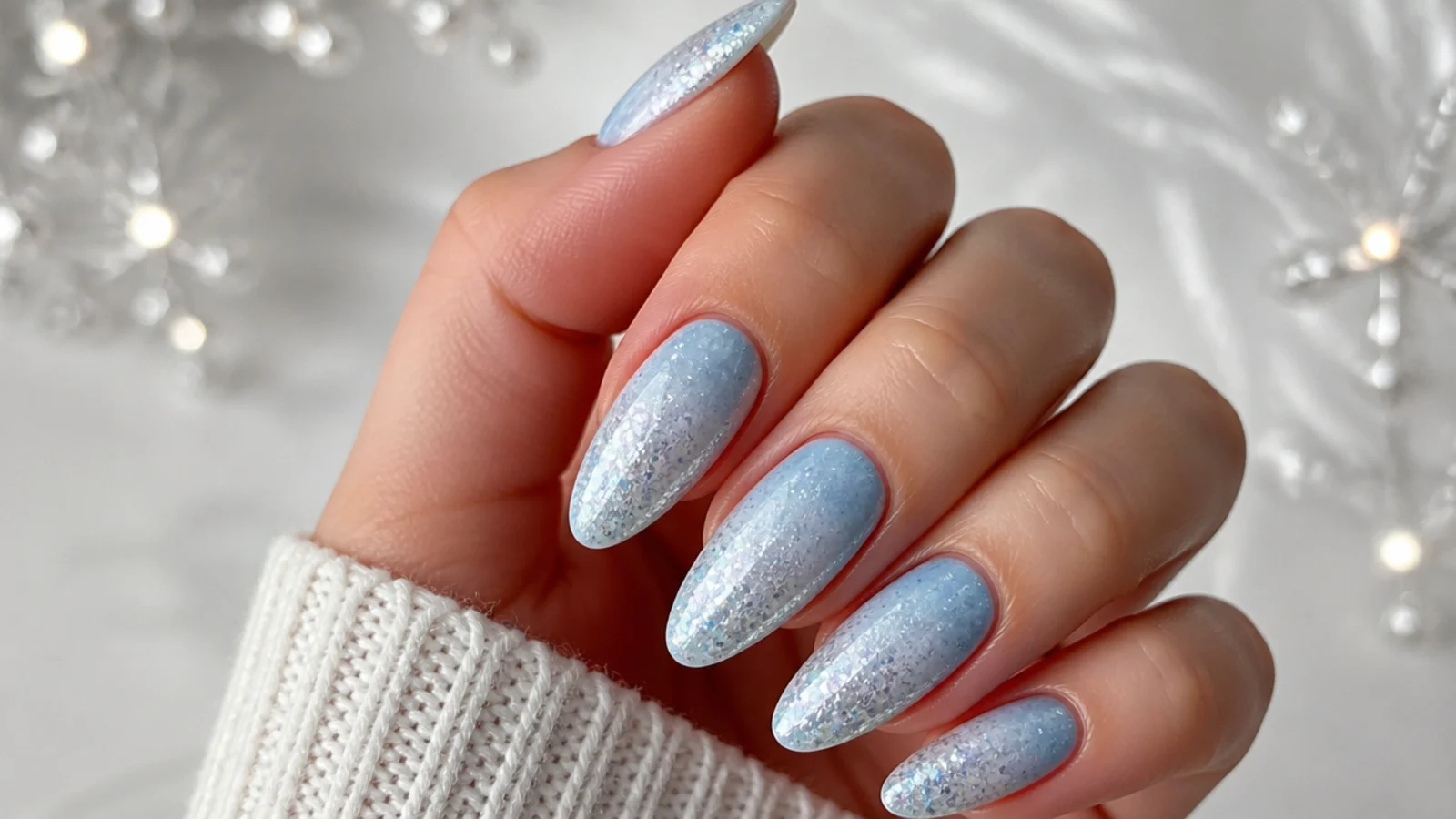 Icy blue fading to silver glitter ombre December nails