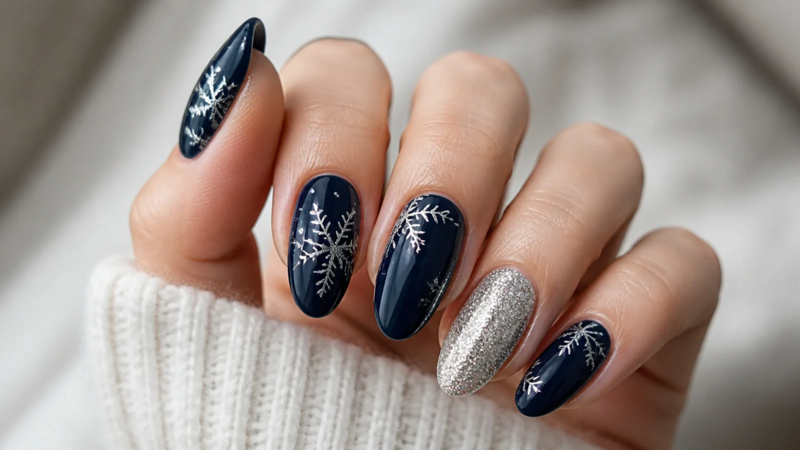 Deep navy December nails with silver foil snowflakes