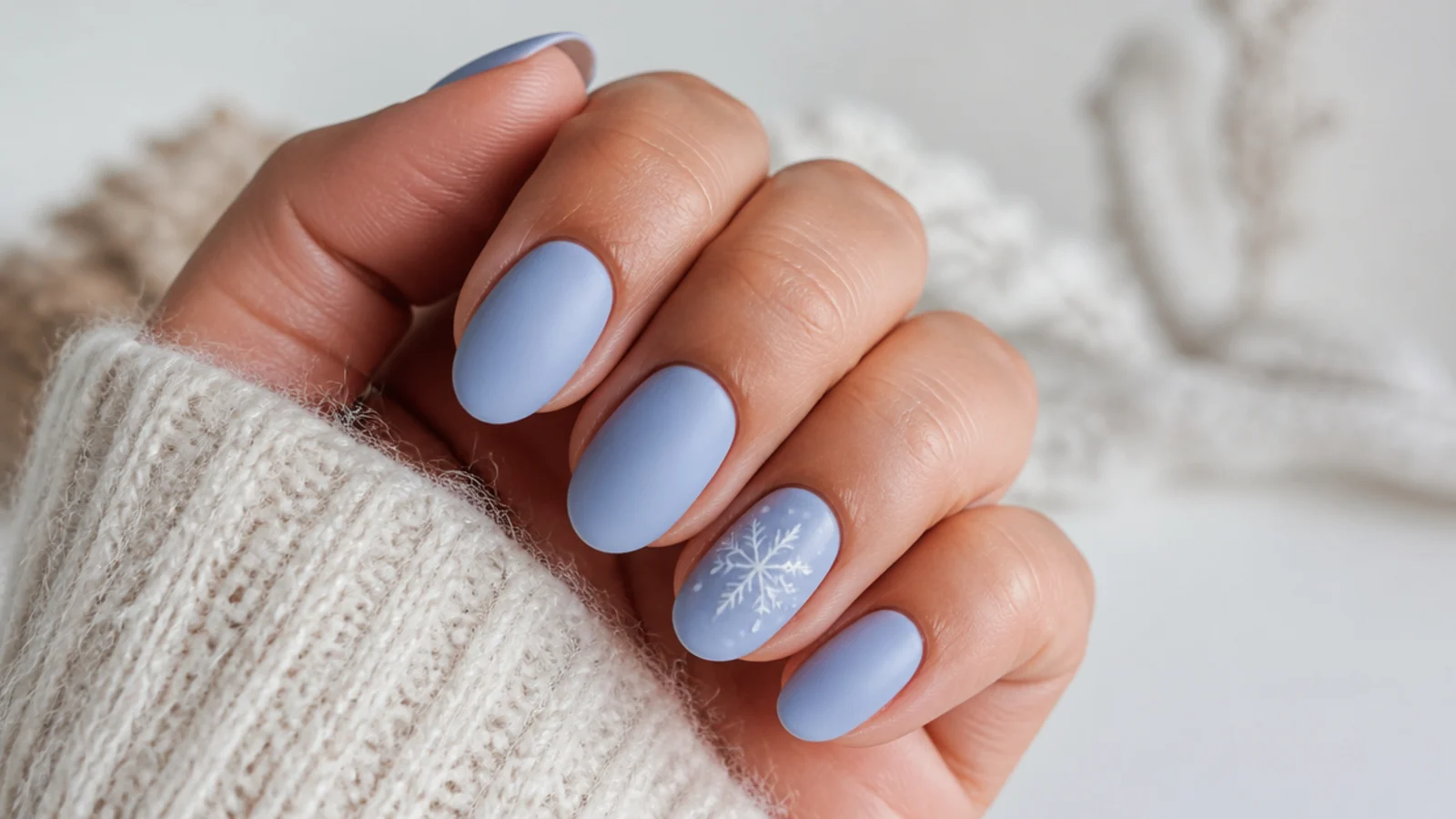 Matte frosted powder blue December nails on short almond nails