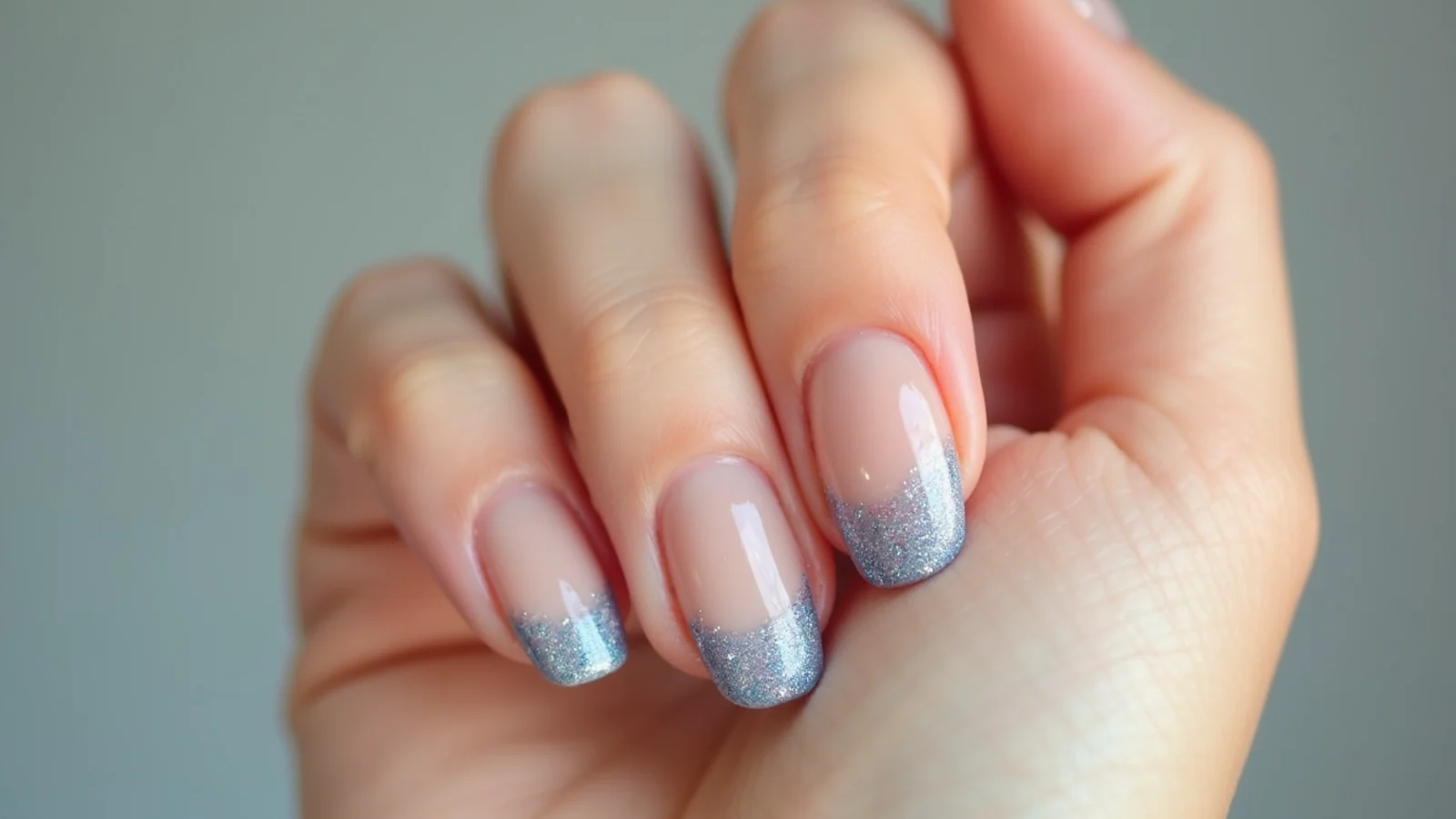 Sheer nude December nails with icy blue glitter French tips