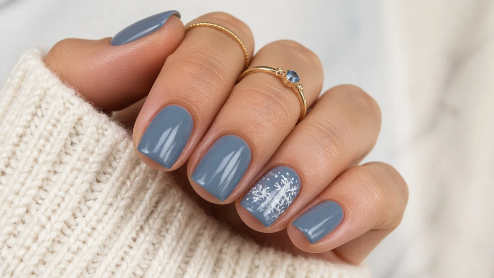 Muted denim blue December nails on short square nails