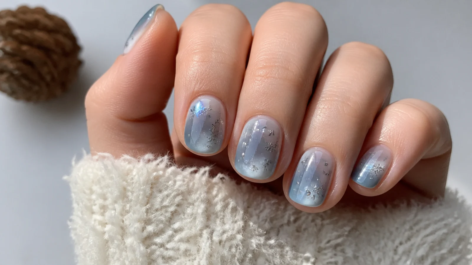Sheer translucent blue jelly December nails on short nails