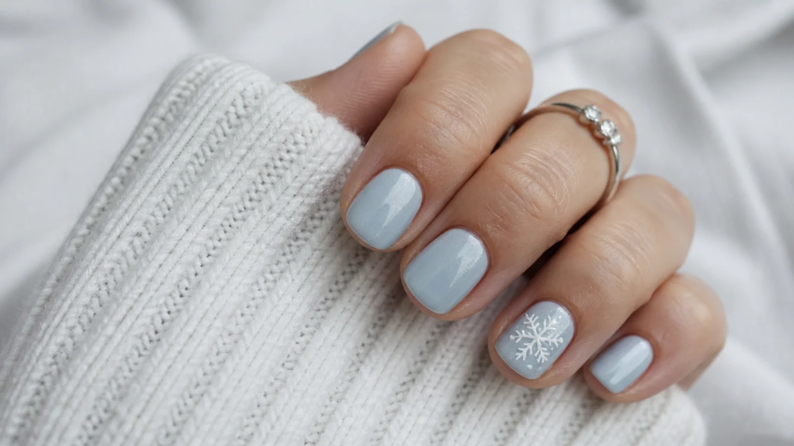 Short natural icy blue December nails with one snowflake accent