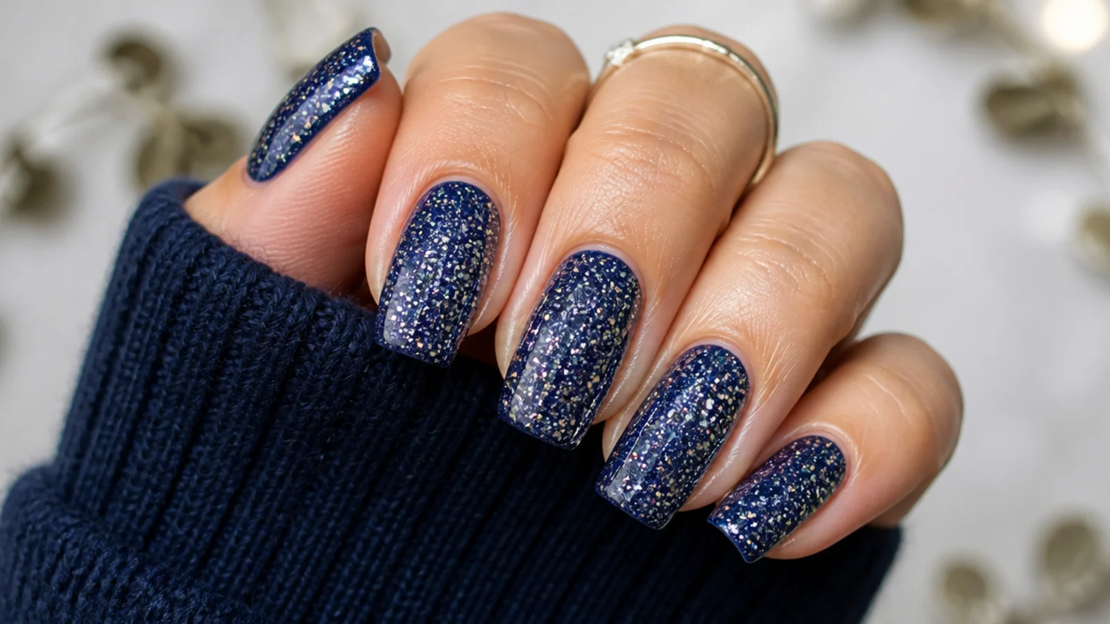 Midnight blue December nails fully covered in silver holographic glitter