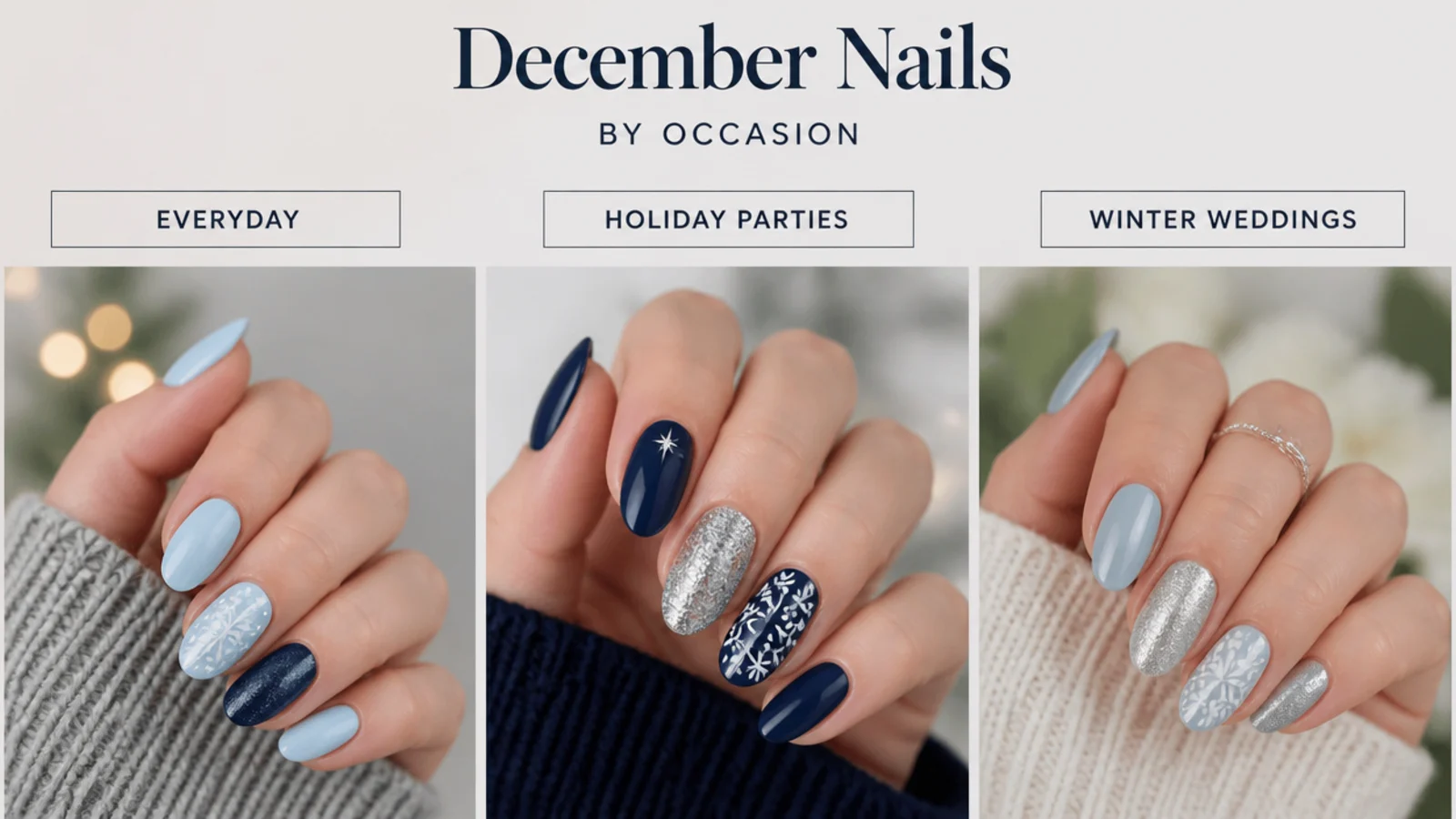 Icy blue, navy and silver December nail swatches grouped by occasion