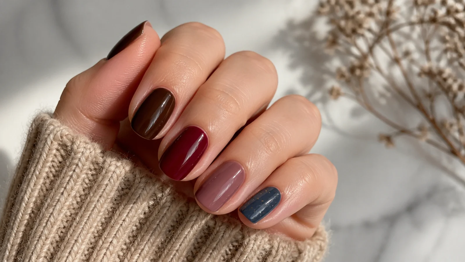 Chocolate, cranberry, mauve and deep blue cozy December nail swatches