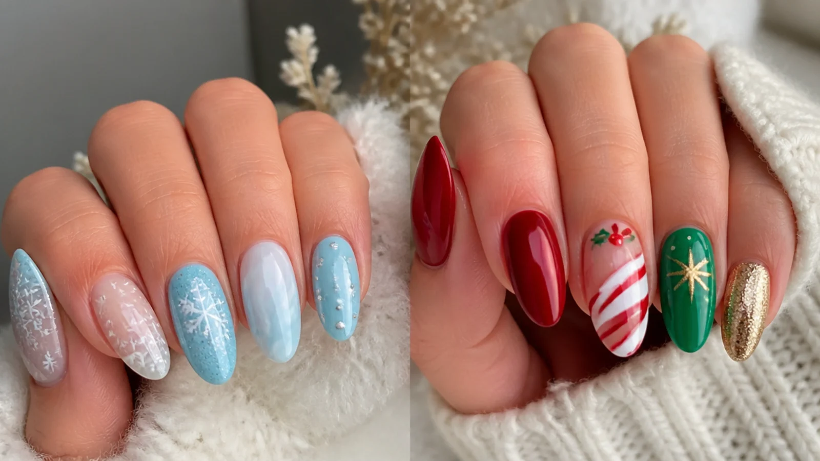 Icy blue December nails beside classic red and green Christmas nails