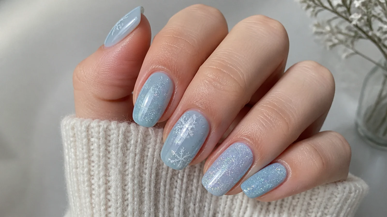 Well-sealed icy blue gel December nails with cuticle oil for longevity
