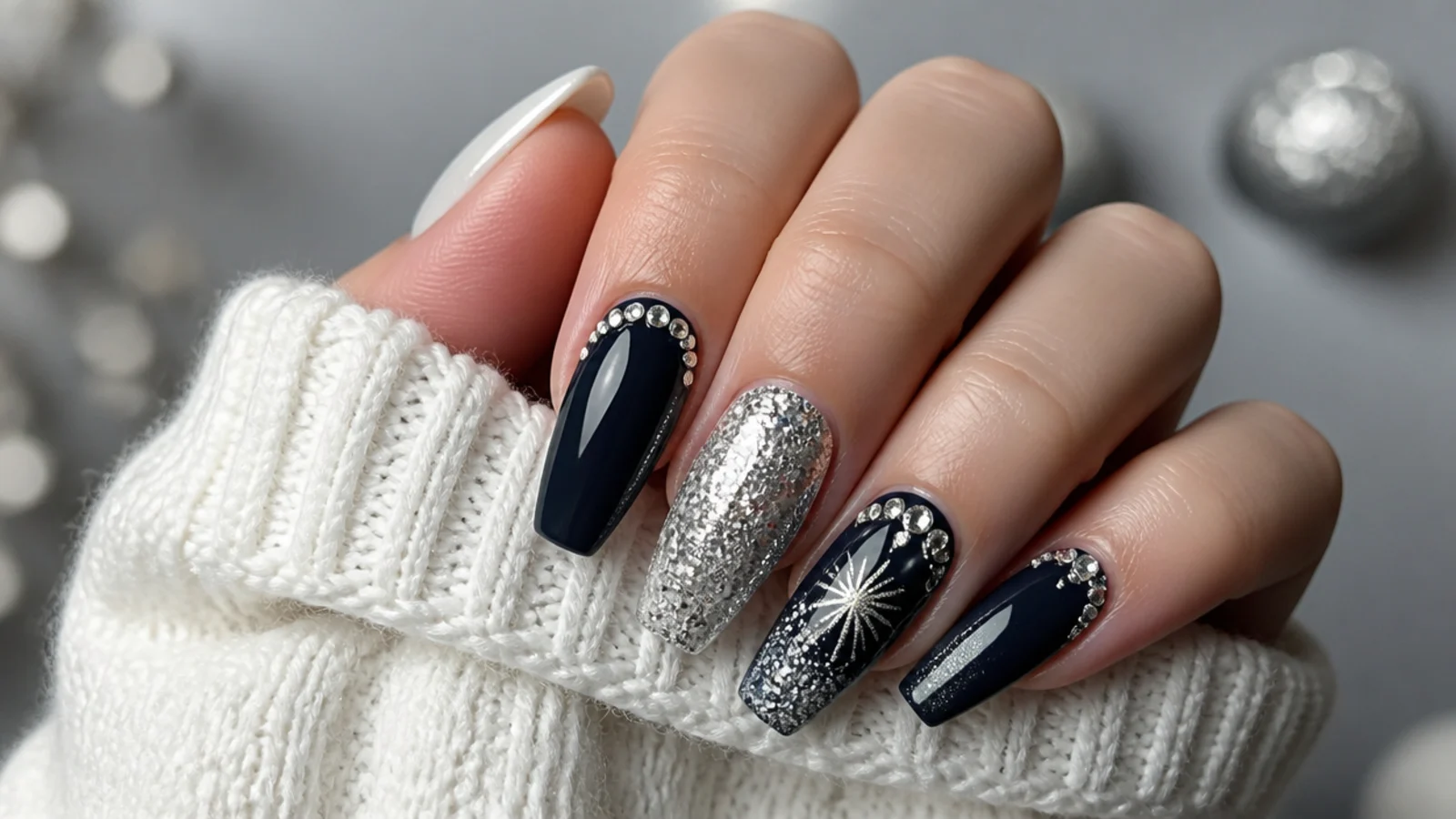Navy and silver glitter New Year's Eve December nails with rhinestones