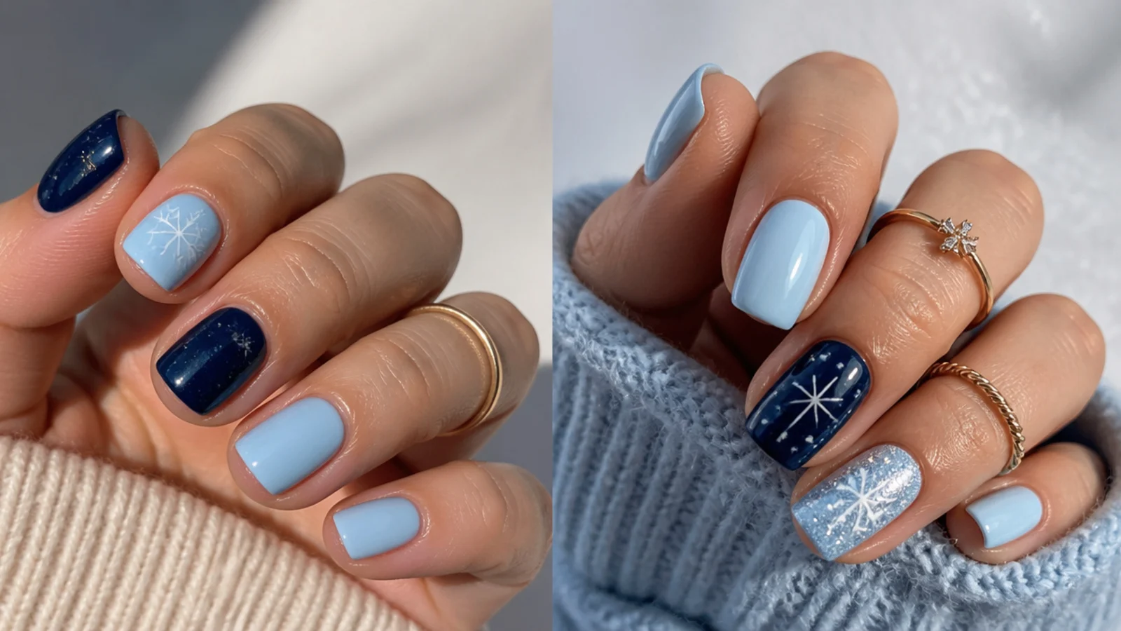 Short icy blue and navy December nails on round and squoval shapes