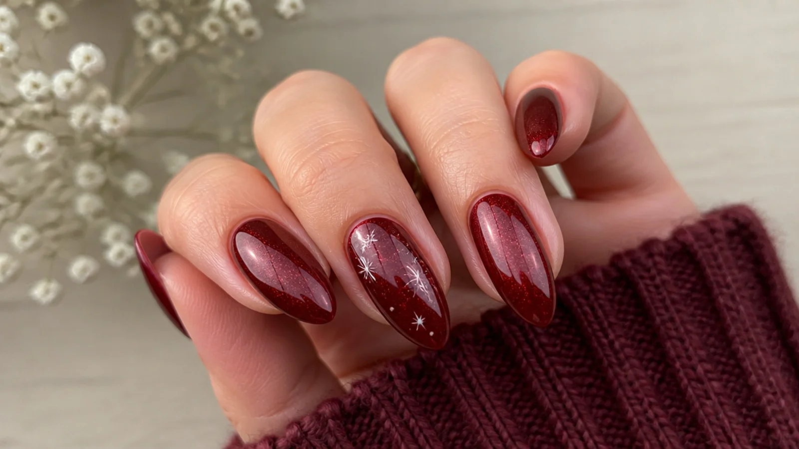 Deep cranberry red shimmer December birthday nails on an almond shape