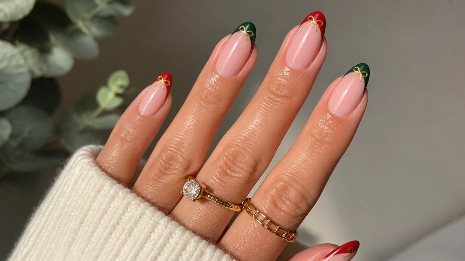 Alternating red and green French tip December birthday nails