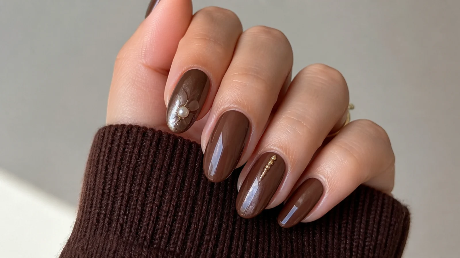 Glazed chocolate brown December birthday nails with pearl chrome