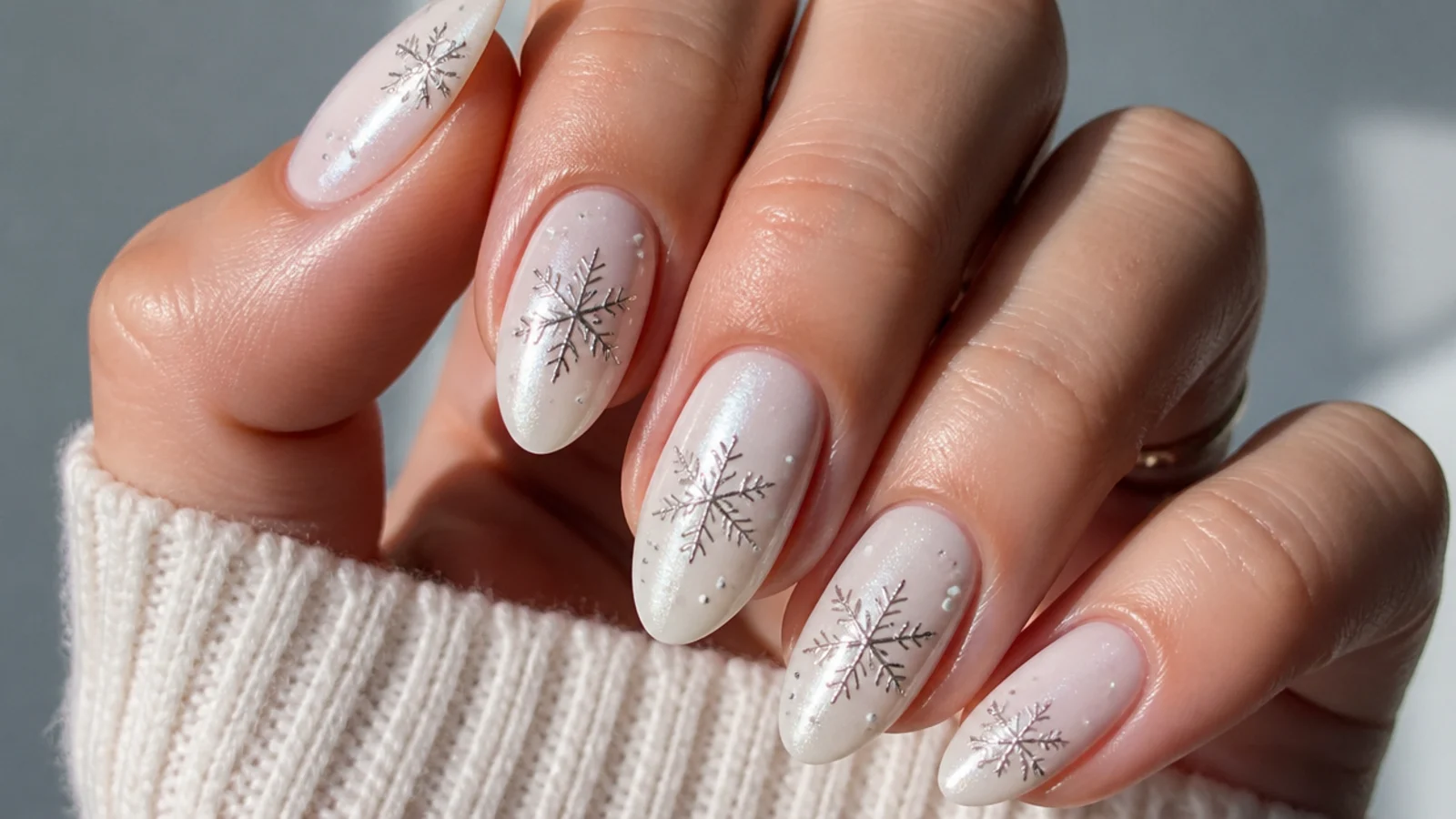 White December birthday nails with hand-drawn silver snowflakes