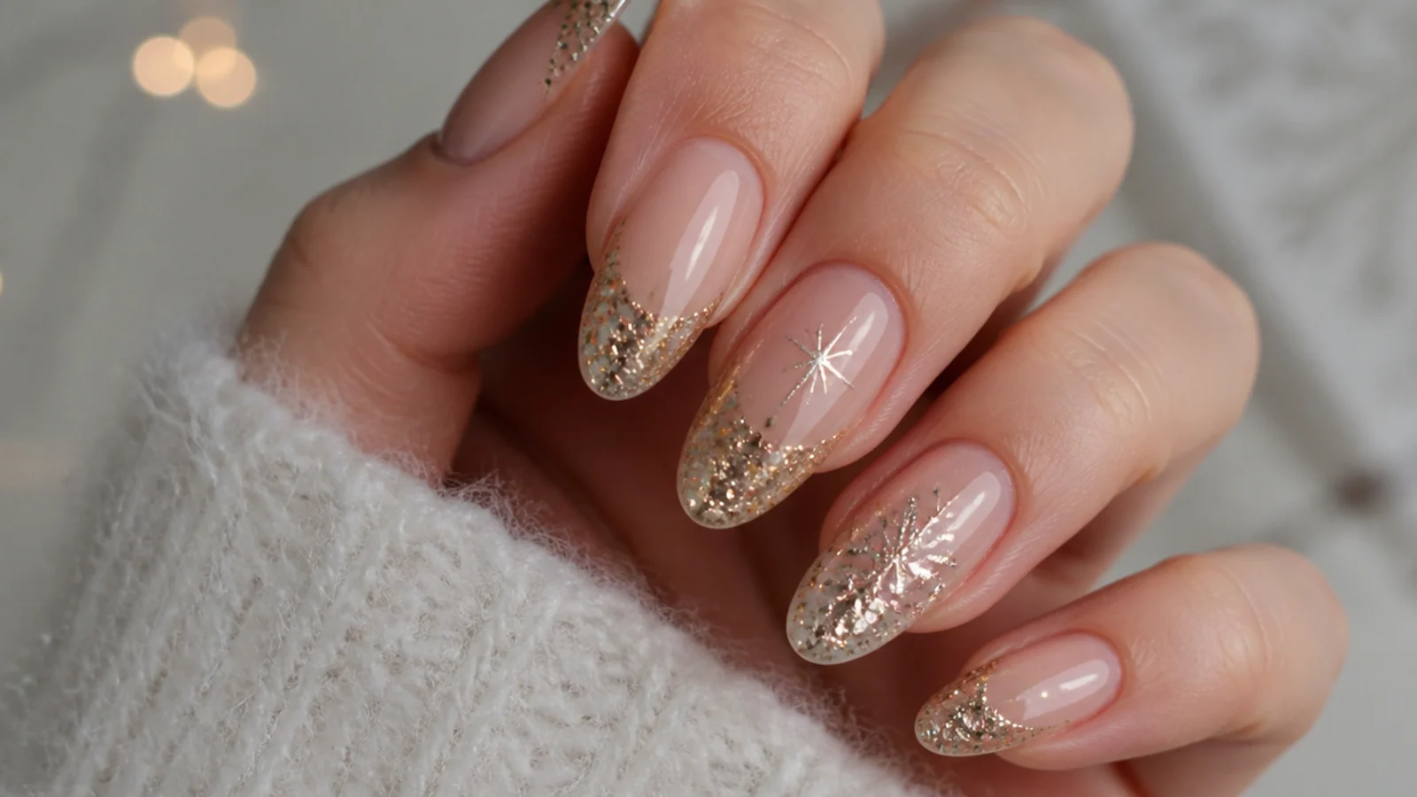 Champagne gold glitter December birthday nails with nude base