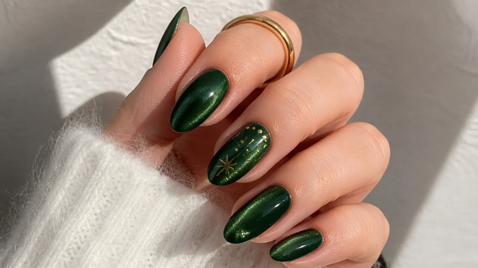 Deep forest green velvet-effect December birthday nails
