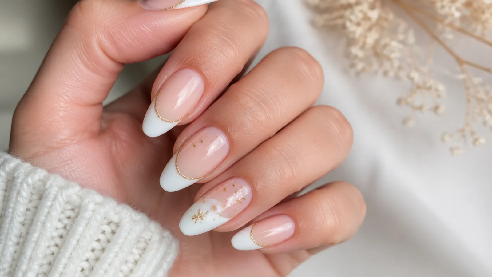 White French tip December birthday nails lined with thin gold