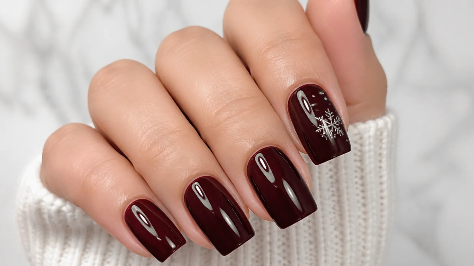 Glossy deep burgundy wine December birthday nails on square shape