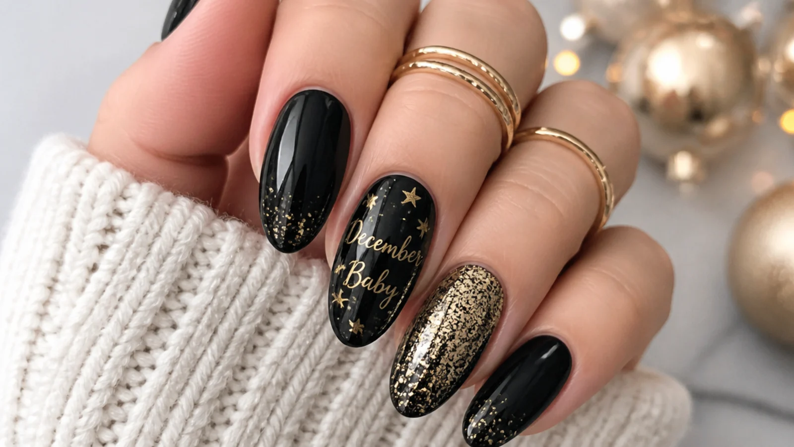 Black December birthday nails with gold glitter accent and flecks