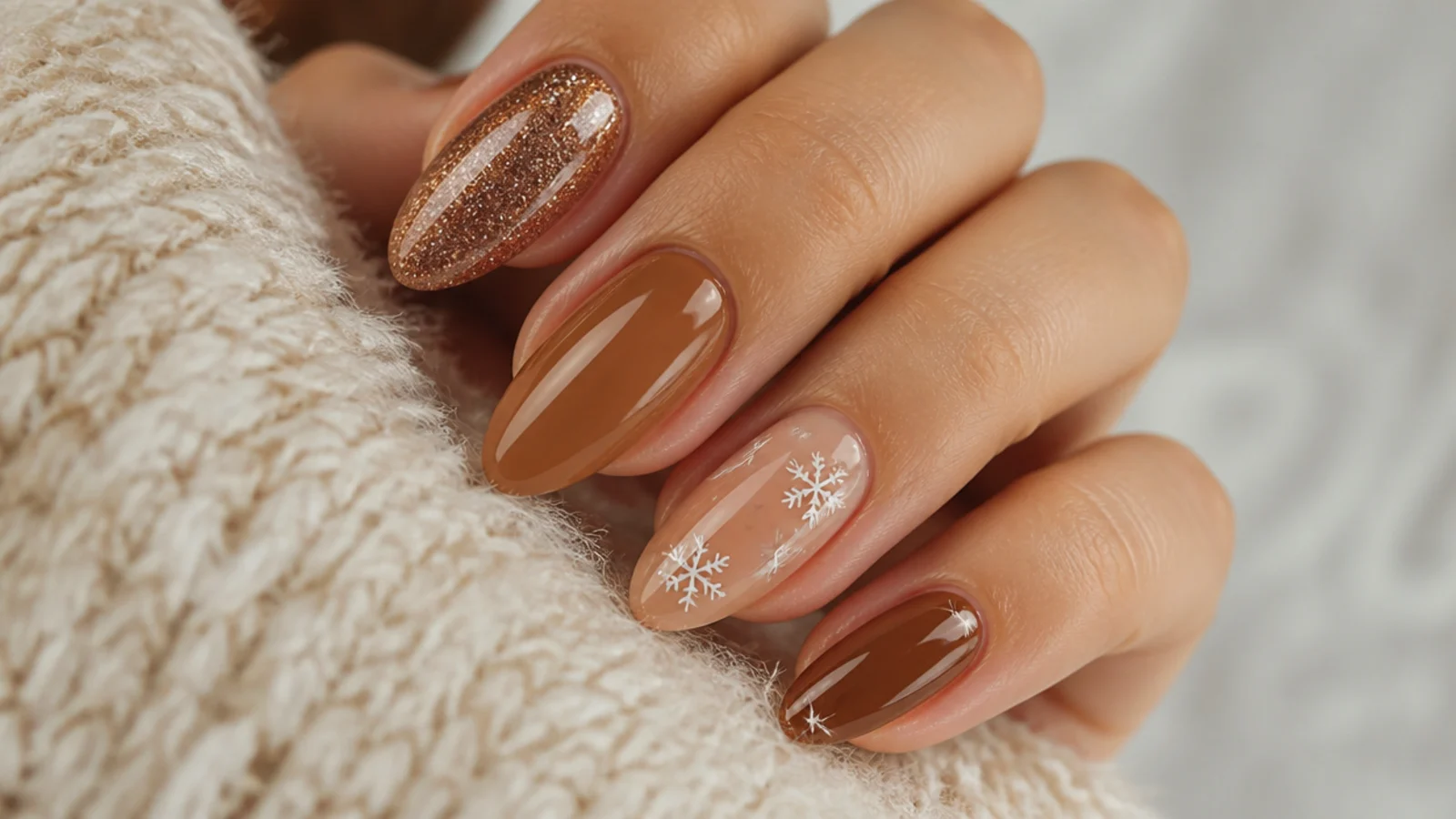 Warm caramel latte December birthday nails with soft glossy finish