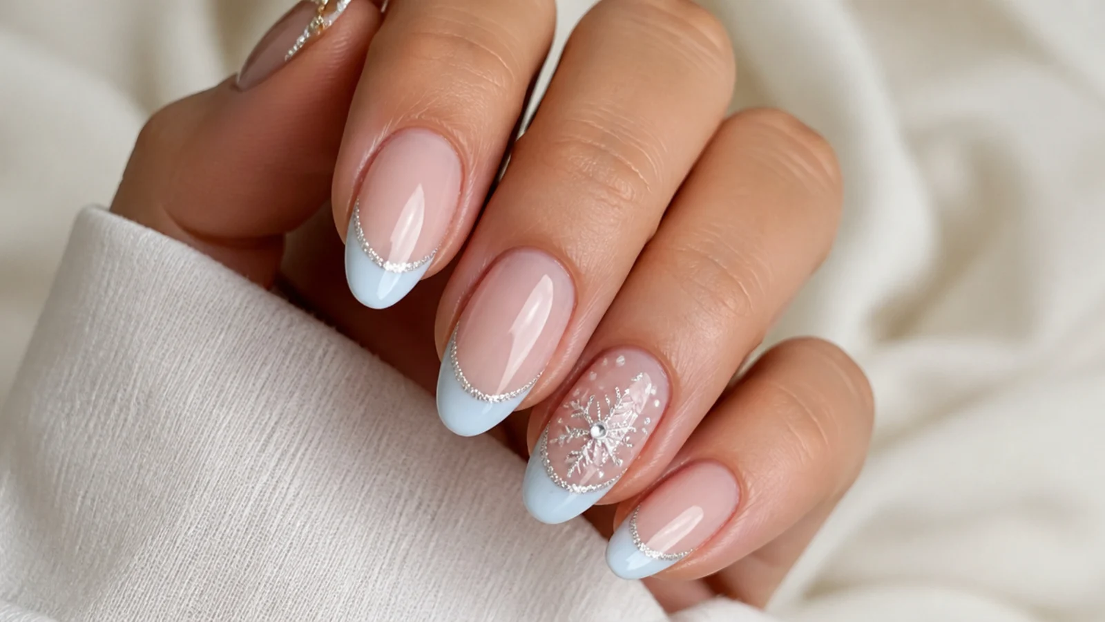Pale icy blue French tip December birthday nails with silver line