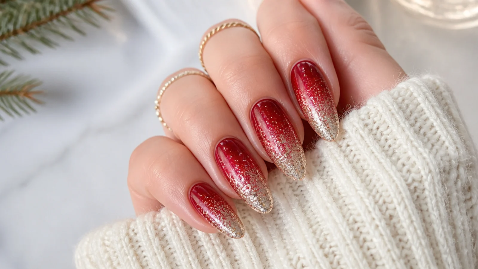 Red to glitter ombre December birthday nails fading at the tips