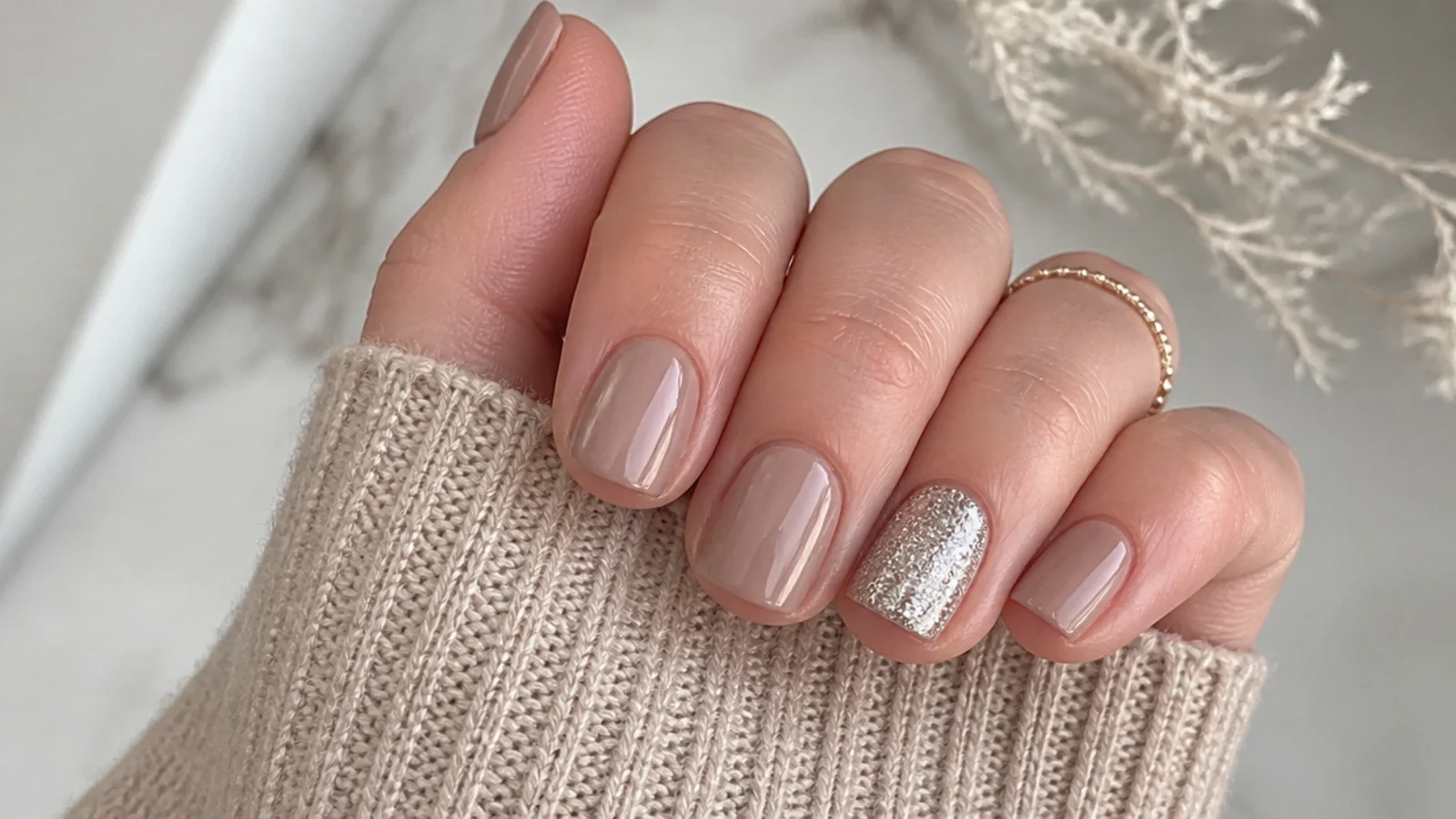 Short nude December birthday nails with one silver glitter accent nail