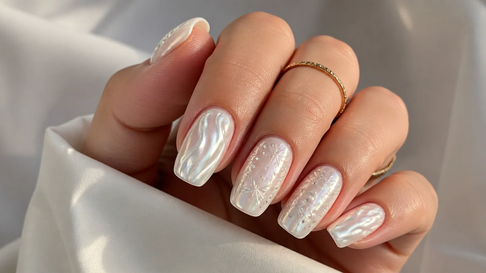 Pearly white chrome December birthday nails with icy pearl shine