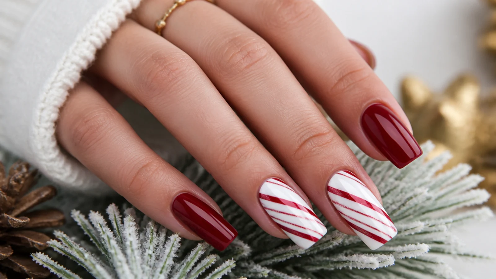 Red and white candy cane stripe accent December birthday nails