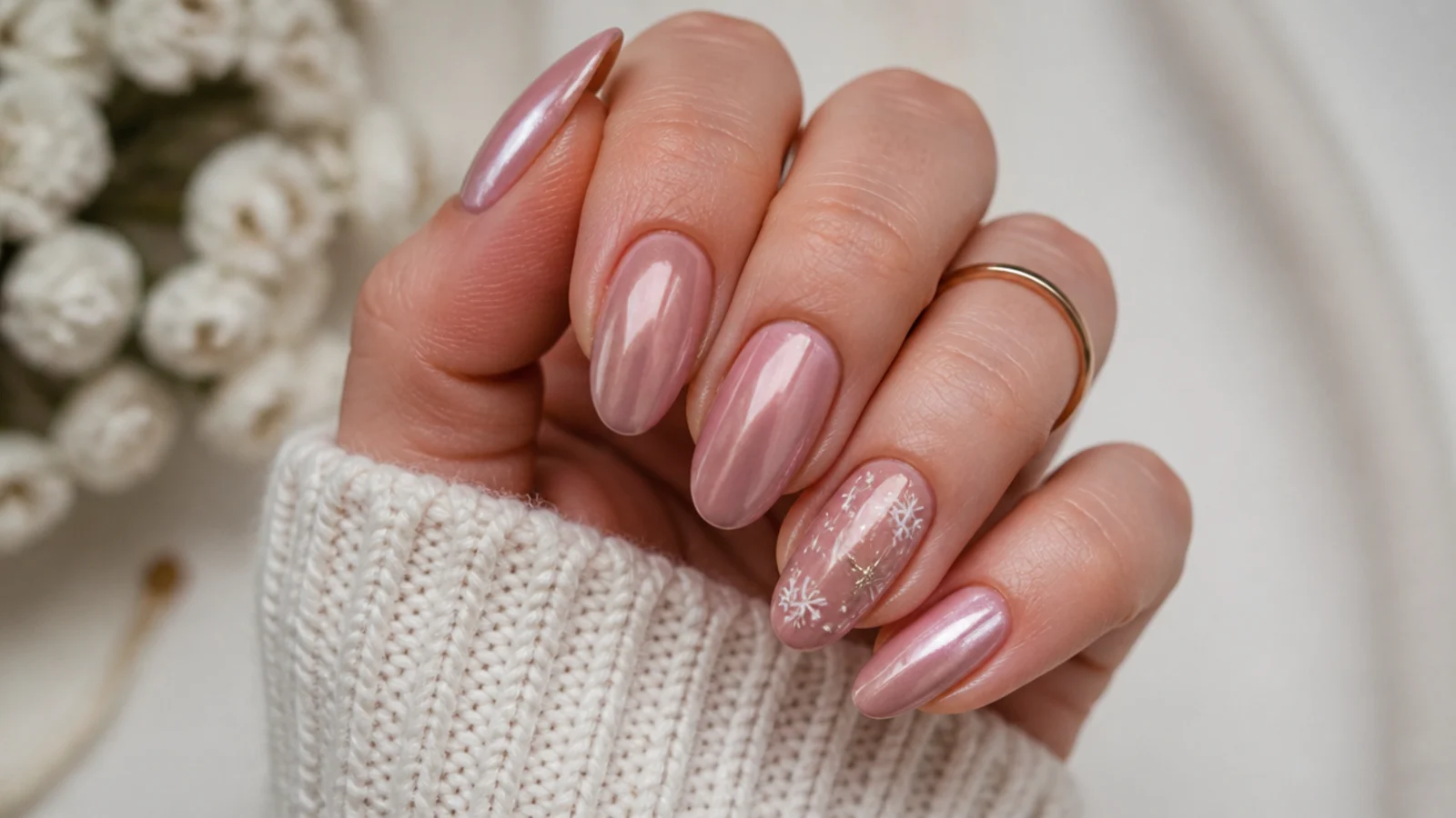 Dusty rose December birthday nails with soft pearl chrome finish